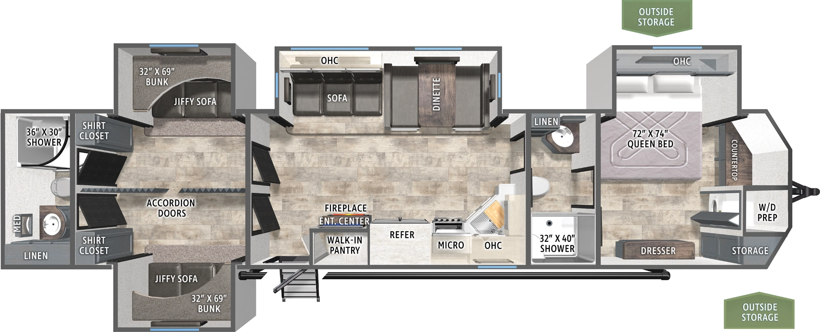 The Puma Vista 39BHK floorplan has one entry and four slide outs. Exterior features include: metal exterior and 21' awning. Interiors features include: bunk beds, front bedroom, rear bathroom, pass through bathroom and two full bathrooms.